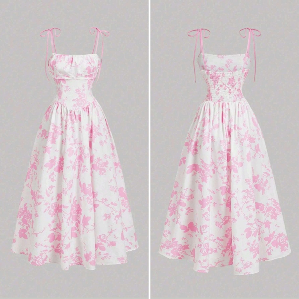 Vestido midi toile de jouy — estampa rosa sobre branco