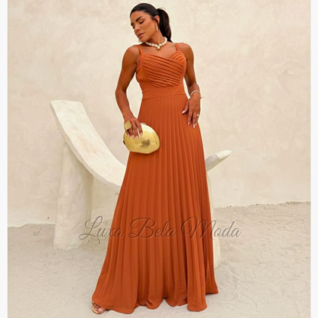 Vestido longo plissado — corpete drapeado